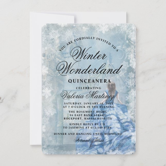 Convite Orçamento Quinceanera Winter Wonderland Princess (Frente)