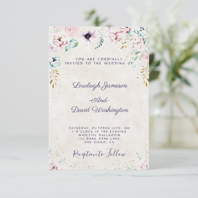 Convite Orçamento Rosa Bonito e floral de casamento roxo (Em pé/Frente)
