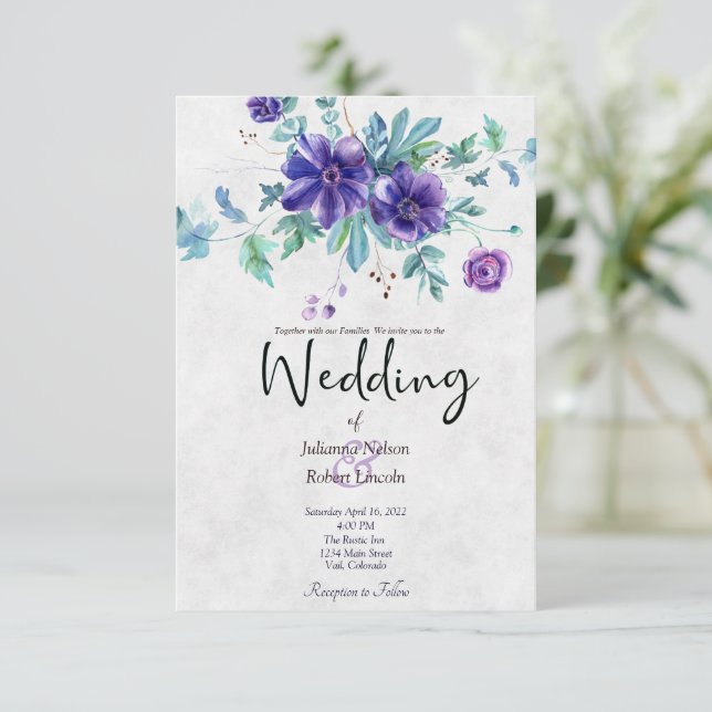 Convite Orçamento roxo aguarela floral casamento  (Em pé/Frente)