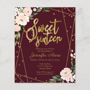 Convite Orçamento Sweet 16 Floral Dourado Burgundy