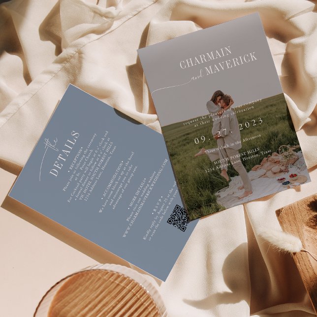 Convite Orçamento tudo em um código QR Dusty Blue Weding (Criador carregado)