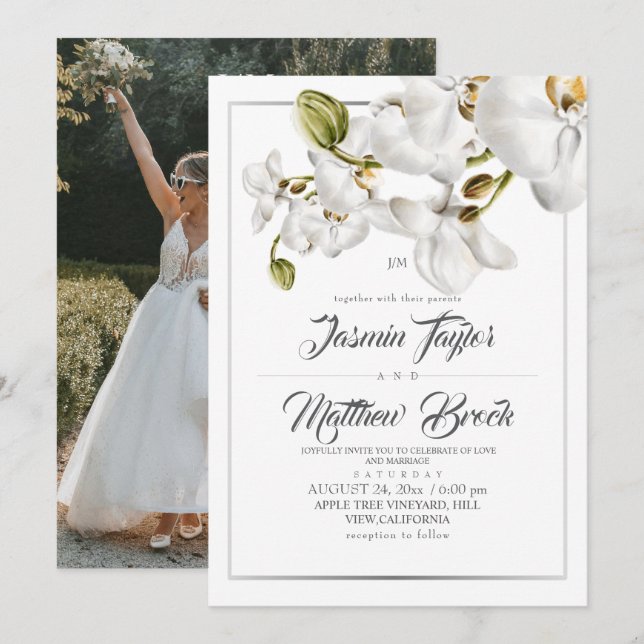 Convite Orchids Frame Elegant Wedding Photo (Frente/Verso)
