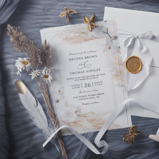 Convite Orchids Pampas Grass Budget QR Code Wedding (Criador carregado)