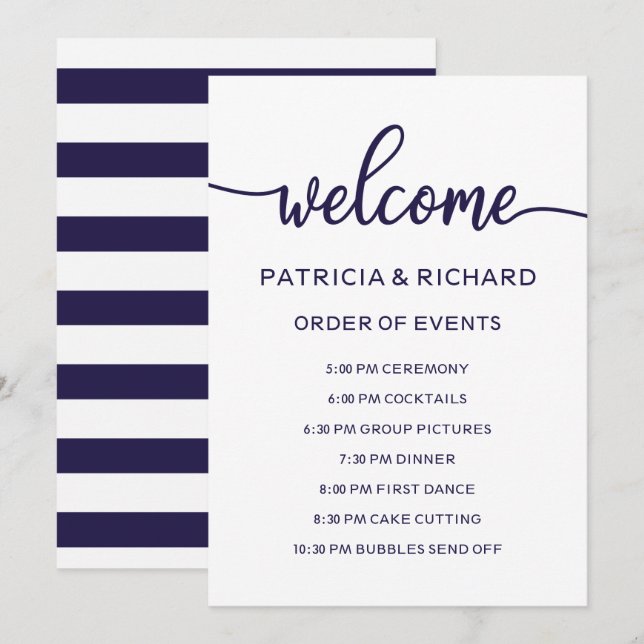 Convite Ordem de Eventos de Casamento Chic Azul-Marinho Cr (Frente/Verso)