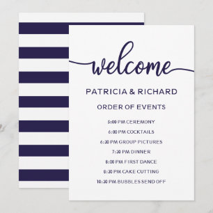 Convite Ordem de Eventos de Casamento Chic Azul-Marinho Cr