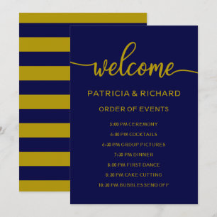 Convite Ordem de Eventos do Casamento Azul Naval Dourado