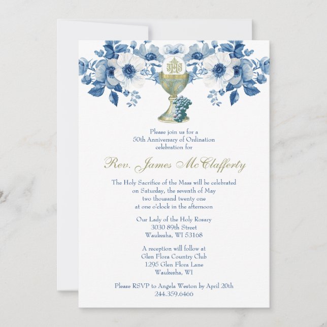 Convite Ordenação do Padre Católico Aniversário Azul (Frente)