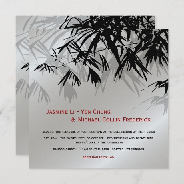 Convite Oriental Bamboo Deixa Casamento Asiático de Prata  (Frente/Verso)