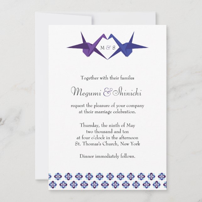 Convite Origami Cranes Wedding (Azul e Roxo) (Frente)