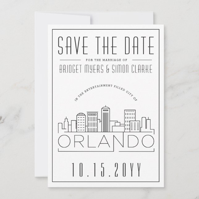 Convite Orlando, Fl Wedding Stylized Skyline Save-the-Date (Frente)