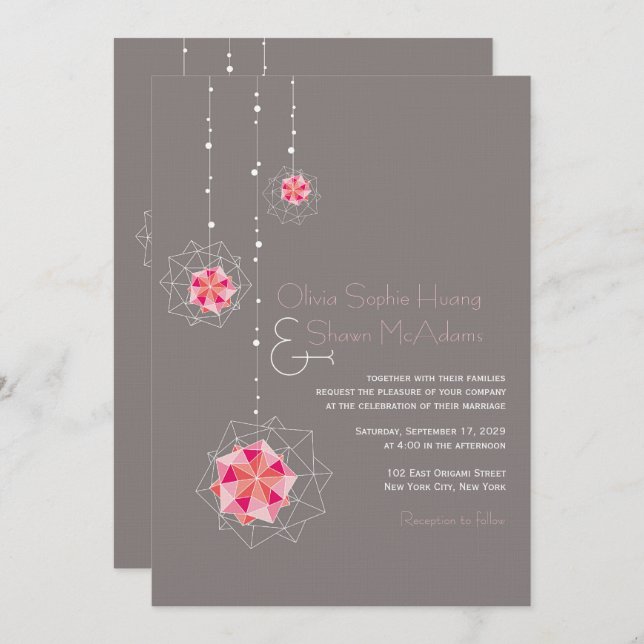 Convite Ornament Pink Origami Suspende Casamento Asiático (Frente/Verso)