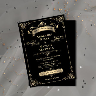 Convite Ornament Rococo Elegante Casamento Preto e Dourado