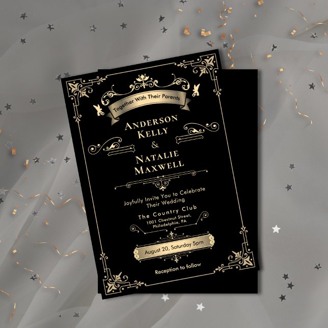Convite Ornament Rococo Elegante Casamento Preto e Dourado (Elegant Rococo Ornament Black & Gold Wedding Invitation)