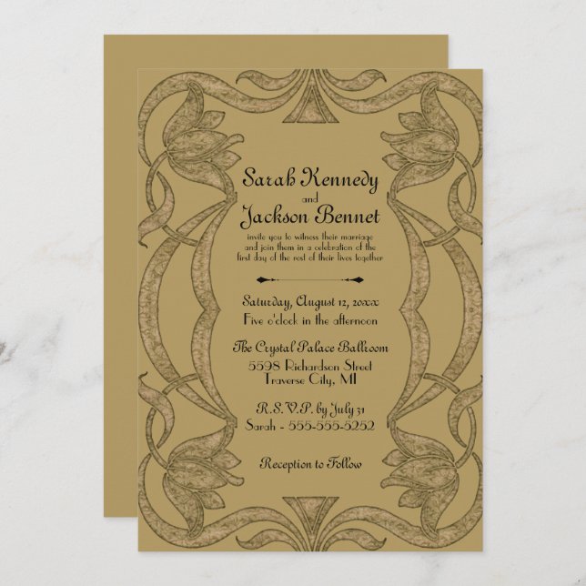 Convite Ornamentado Art Nouveau Casamento Negro e Elegante (Frente/Verso)