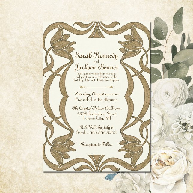 Convite Ornamentado Art Nouveau Ivory e Casamento Elegante (This elegant Art Nouveau wedding invite combines sinuous lines and stylized floral motifs.)