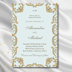 Convite Ornamentado azul Monograma Casamento vintage Barro