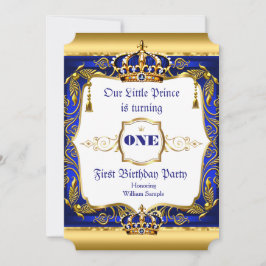 Convite Ornamentado Azul  Real Príncipe primeiro aniversar
