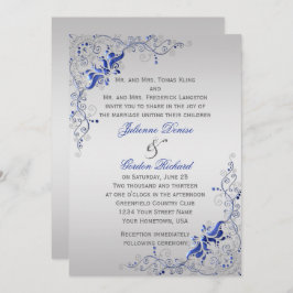 Convite Ornamentado Azul Silver Floral Swirls Casamentos