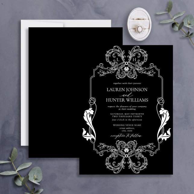 Convite Ornamentado Black Floral Art Monograma Casamento (Criador carregado)