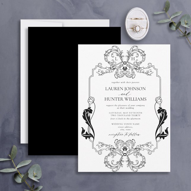 Convite Ornamentado Black Floral Art Monograma Casamento (Criador carregado)