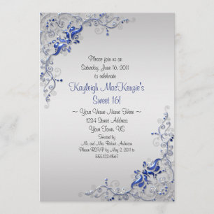Convite Ornamentado Blue Silver Swirls no Silver Sweet 16