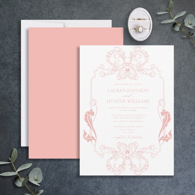 Convite Ornamentado Blush Pink Floral Line Art Monograma C (Criador carregado)