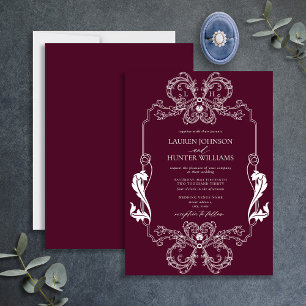Convite Ornamentado Burgundy Floral Line Art Monograma Cas
