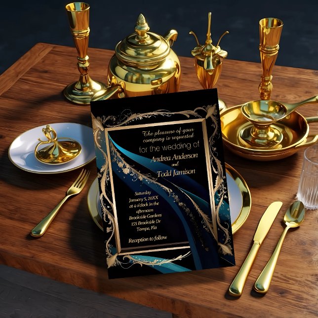 Convite Ornamentado dourado armação azul preto (Criador carregado)