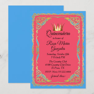 Convite Ornamentado Dourado Colorido com a Crown Quinceane