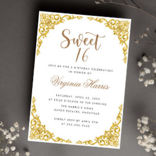Convite Ornamentado Dourado de luxo White Sweet Dezesseis 