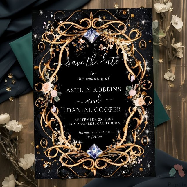 Convite Ornamentado Dourado e Ouros Preto Salvar a Data (Criador carregado)