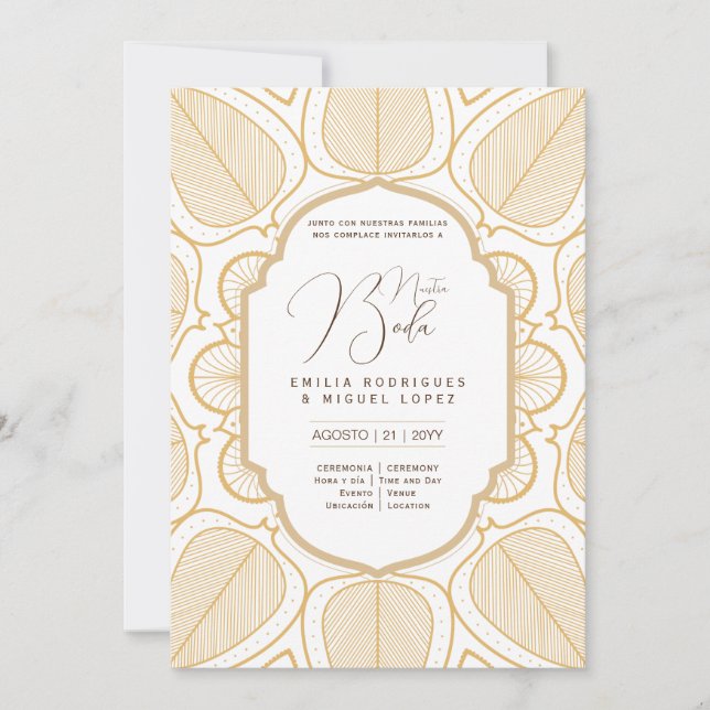 Convite Ornamentado Dourado Elegante do Espanol Invitación (Frente)