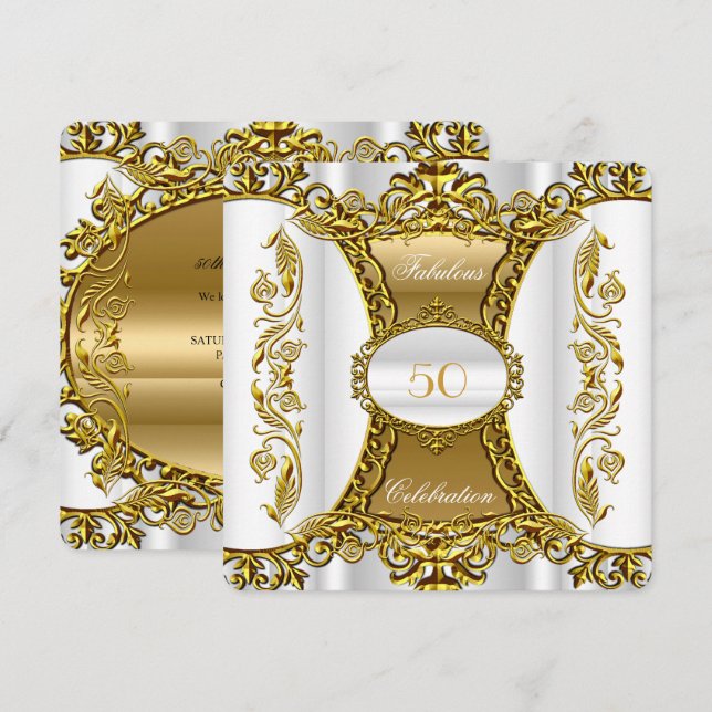 Convite Ornamentado Elegante Branco Dourado Fabuloso 50º A (Frente/Verso)