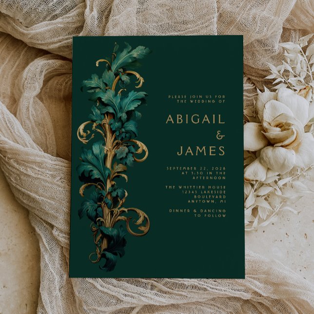 Convite Ornamentado Emerald Green Dourado Casamento de Fol (An ideal choice for an emerald green and gold vintage themed wedding.)