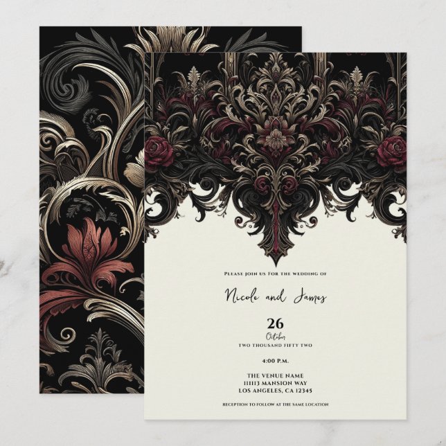 Convite Ornamentado Floral Gothic Elegant Wedding (Frente/Verso)