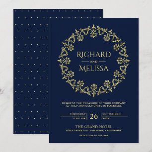 Convite Ornamentado Flourish Dourado Floral Blue Casamento