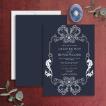 Convite Ornamentado Marinho Azul Linha Floral Arte Monogra<br><div class="desc">Apresentando nosso belo convite de casamento da arte floral azul de ornamentado azul marinho escuro! Este convite elegante apresenta uma nod para art nouveau, com sua borda ornamentado e suas iniciais monográficas. A maneira perfeita de dar o tom para o seu grande dia, este convite é para impressionar os seus...</div>