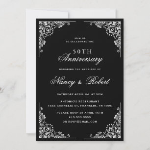 Convite Ornamentado preto e branco 50º aniversário de casa