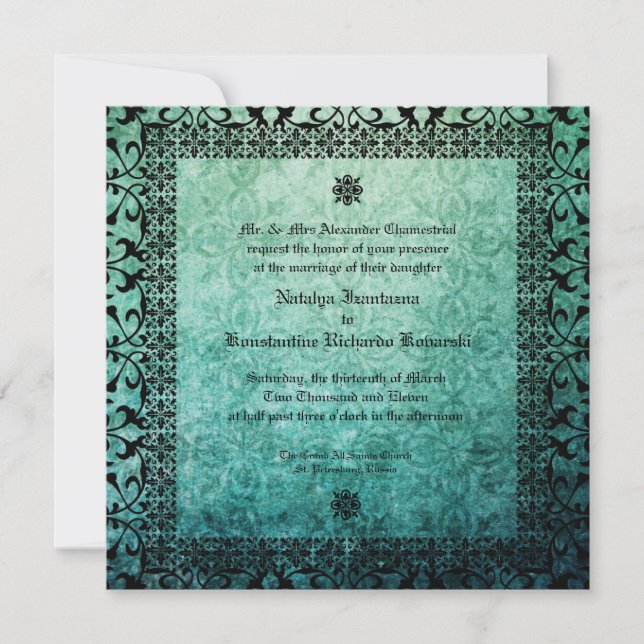 Convite Ornamentado Quadrado Casamento Gótico Damask  Conv (Frente)