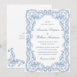 Convite Ornamentado Renascentista Casamento Azul Dusty