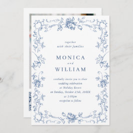 Convite Ornamentado Renascentista Casamento Azul Dusty