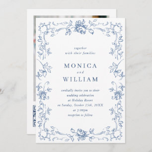 Convite Ornamentado Renascentista Casamento Azul Dusty