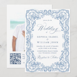 Convite Ornamentado Renascentista Casamento Azul Dusty