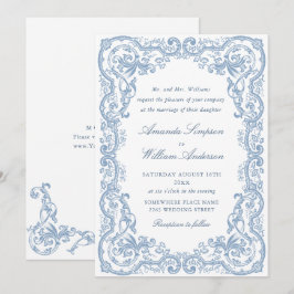 Convite Ornamentado Renascentista Casamento Azul Dusty