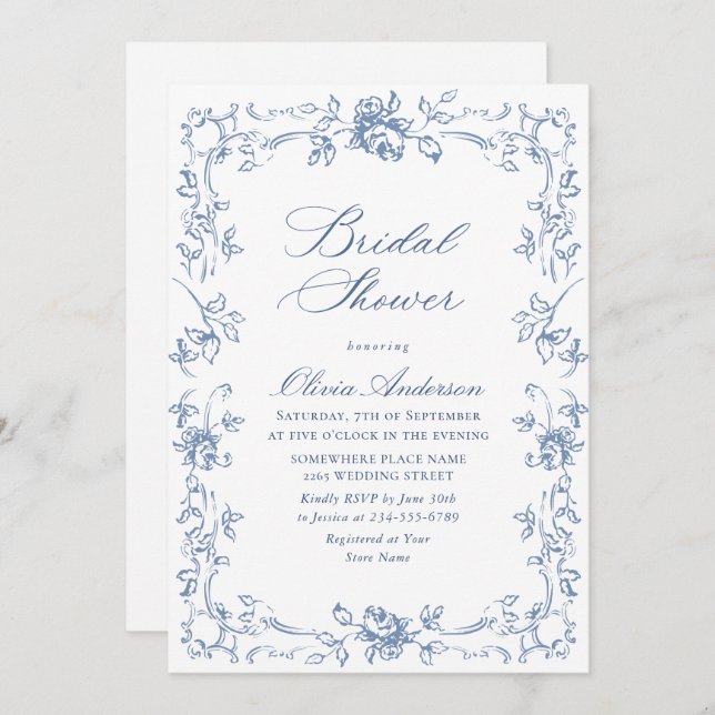 Convite Ornamentado Renascentista Chá de panela Floral Azu (Frente/Verso)