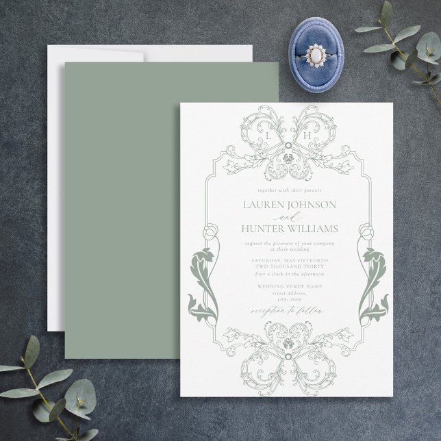 Convite Ornamentado Sage Green Floral Line Art Monogramas  (Criador carregado)