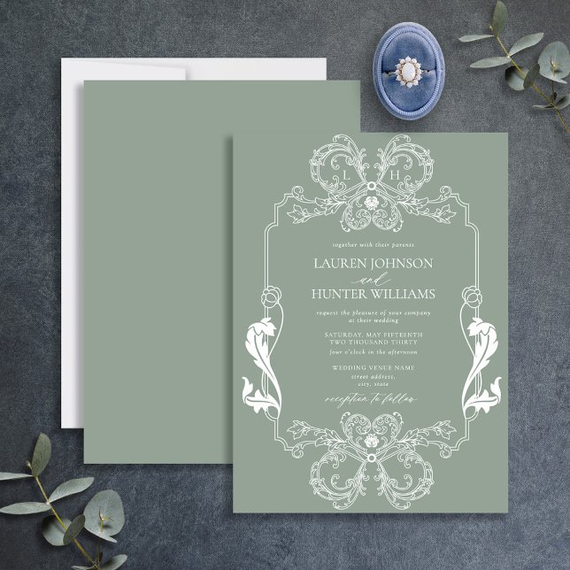 Convite Ornamentado Sage Green Floral Line Art Monogramas  (Criador carregado)