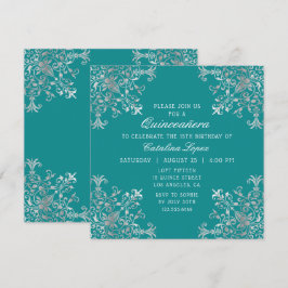 Convite Ornamentado Teal Silver Floral de Elegante Quincea
