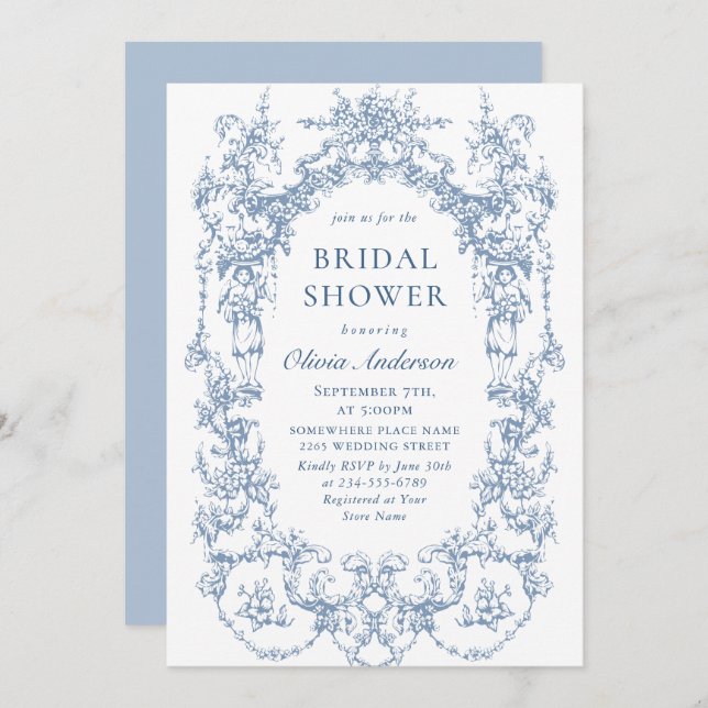 Convite Ornamentado Victoriano Chá de panela Azul Dusty (Frente/Verso)