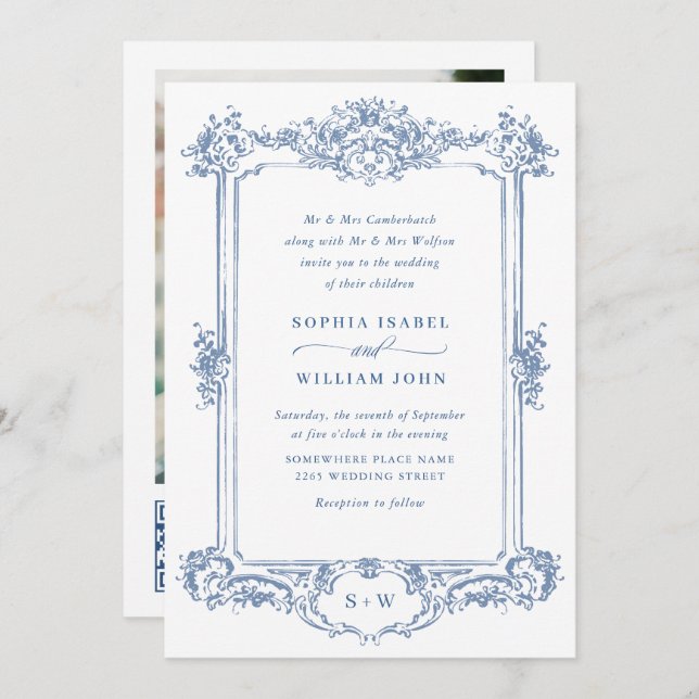 Convite Ornamentado Vitoriano Azul Grace Casamento Floral  (Frente/Verso)